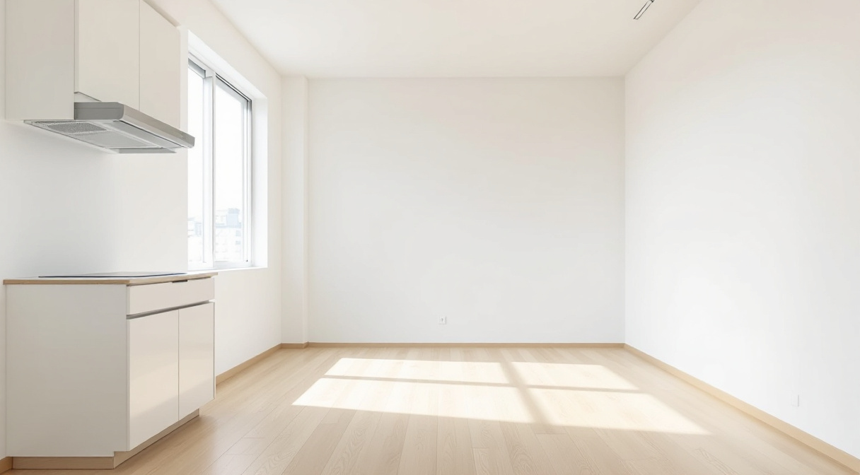 改修後の賃貸住宅の室内。無垢調のフローリングと白い壁、窓からの自然光、左手にコンパクトなキッチン